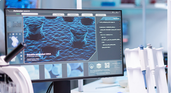 생명과학AI 융합 비주얼이미지 - 모니터에 생명과학에 관한 화면이 띄워져있음